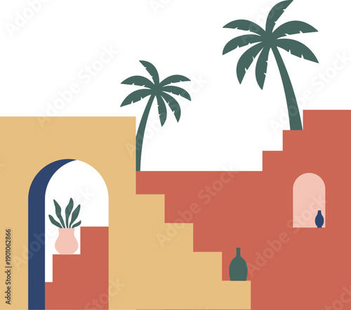 Abstract geometric morocco architecture illustration. Desert and village building design for poster, flyer, banner. Vector illustration.