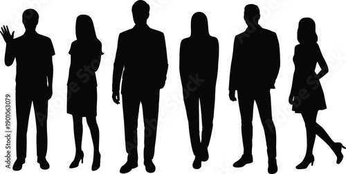 Business people silhouettes standing together, diverse professional team figures isolated on white background, corporate workforce concept illustration design