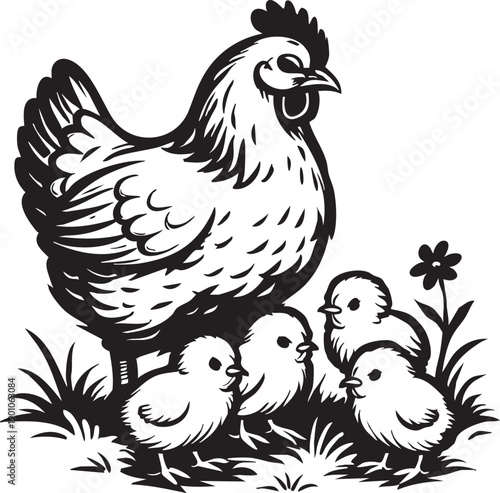 Mother Hen and Chicks: A heartwarming illustration shows a protective hen with her chicks huddled close, emphasizing the tenderness of the family bond and the natural world.
