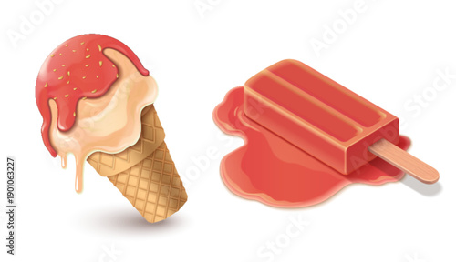 Melting ice cream cone with red strawberry drip and vanilla scoop on waffle. Realistic 3d illustration of frozen dessert. Summer treat with melted glaze, sprinkles and popsicle with puddle on white.