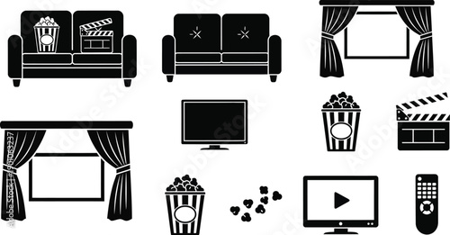 Home popcorn couch.  Home cinema setup, with sofa, popcorn, and a clapperboard. 