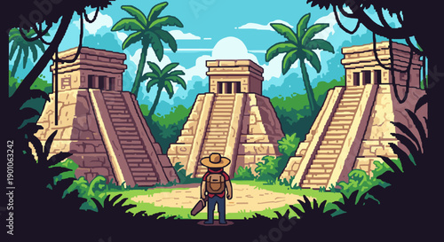 Adventurer in jungle with ancient pyramids under a bright sky