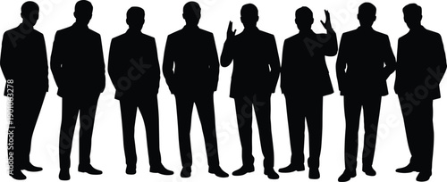 Group of anonymous business people silhouettes standing together, professional corporate team concept, leadership, teamwork, diversity, partnership, management, isolated black figures on 