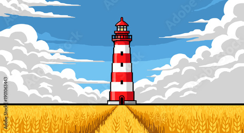 Retro pixel art lighthouse in wheat field with dramatic cloudy sky
