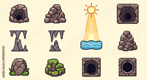 Pixel art cave elements collection with sunbeam and rocks