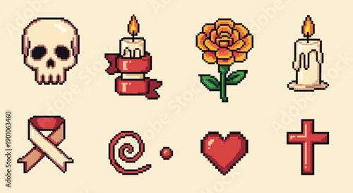 Retro pixel art: skulls, candles, and flowers