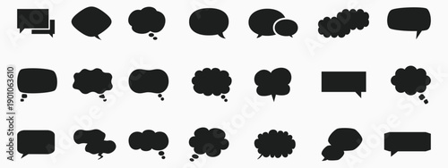 Large collection of black speech bubble icons in various shapes and styles for communication concepts.