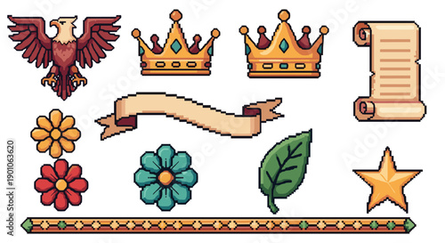 Retro gaming icons: crowns, eagle, scroll, and floral elements in pixel art