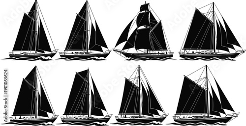 Set of sailing boat silhouettes with classic yachts and sailboats, nautical transportation collection, marine adventure vessels illustrated in black, isolated on white background