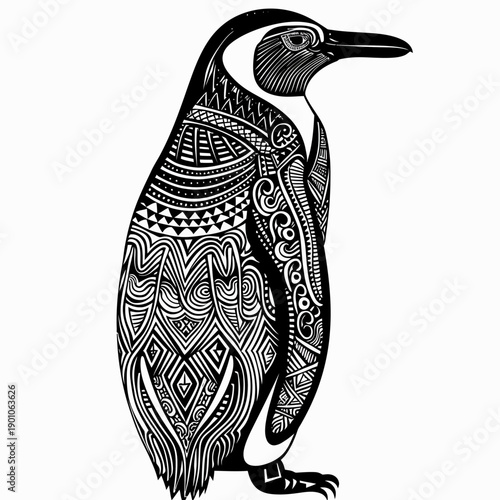 Intricate black and white illustration of an emperor penguin on white background