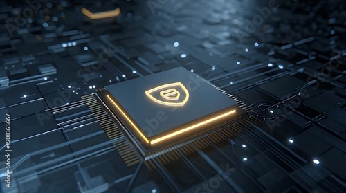 Futuristic AI Microchip with Glowing Security Shield