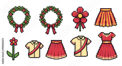 Festive pixel art holiday outfits and accessories in red and green