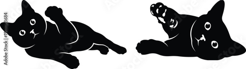 Playful Cat Lying on Floor Reaching Paw Silhouette Vector