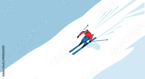 Illustration of a skier in red jacket skiing down a mountain slope. Clean, minimalist style perfect for sports marketing, winter themes, or travel brochures.