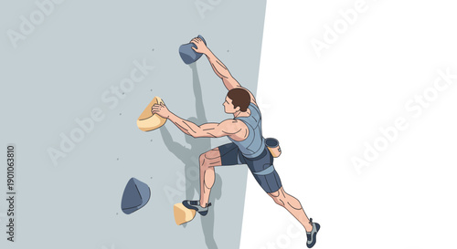 Cartoon illustration of a man climbing an indoor rock wall. Depicts fitness, sport, challenge. Use for healthy lifestyle, determination, and exercise concepts.
