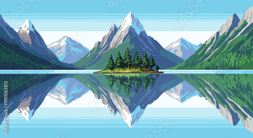 Pixel art landscape with island and snowy mountains reflected in calm lake