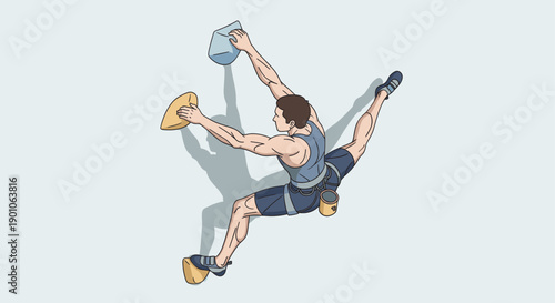 Cartoon illustration of a fit man rock climbing indoors, extreme position. Use for fitness, sports, teamwork, recreation, strength concepts. Isolated on white background.