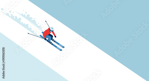 Illustration of a skier going downhill on a snowy slope. Use for winter, ski, resort, recreation, holiday concepts. Plenty of blank space for text or graphic elements.