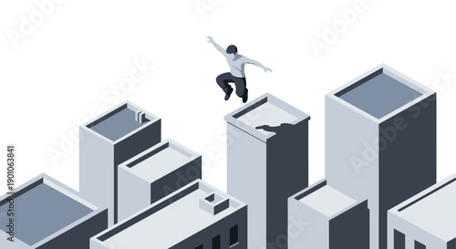 An isometric illustration of a person jumping from building to building in a city. Could represent challenges, overcoming obstacles, risk taking, or ambition.