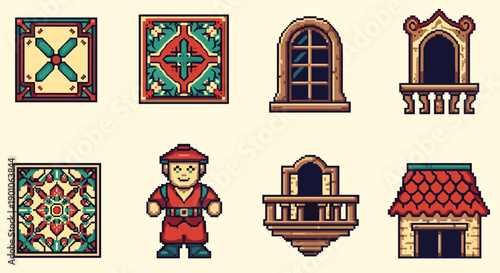 Medieval pixel art: characters and architecture with vibrant patterns