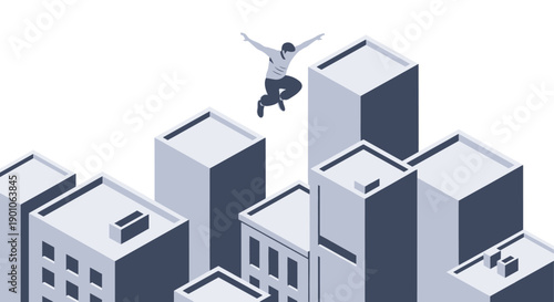 Minimalist isometric illustration of a man parkouring across buildings. Could be used for web design, infographics, or conceptual representations of ambition and movement.