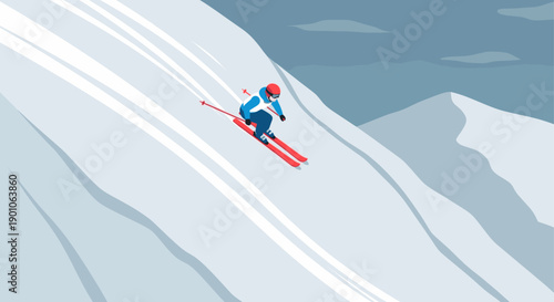 Vector illustration of a skier skiing downhill on a snowy mountain slope. Great for advertising, sports themed projects and travel related content.