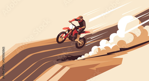 Vector graphic of a motocross rider in mid-air on a dirt bike. Illustration for sports, adventure, or active lifestyle themed designs.