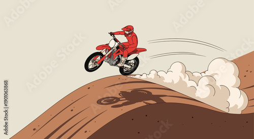 Cartoon style illustration of a motocross rider jumping on a sandy hill with dust trails. Great for posters, banners, and web designs related to action sports.