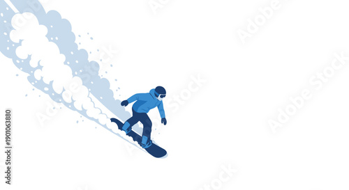 An isolated illustration of a snowboarder gliding down a slope with snow spray, set against a clean white backdrop. Perfect for winter sports campaigns, designs, or websites.