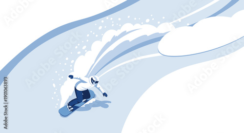 Illustration of a snowboarder in action, carving through fresh powder on a blue slope. Ideal for winter sports, recreation, outdoor activities, and adventure themes.