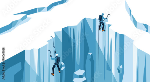 Illustration of two ice climbers on a glacier. Demonstrates adventure, risk, and the challenging sport of mountaineering. Ideal for illustrating articles and promotional materials.