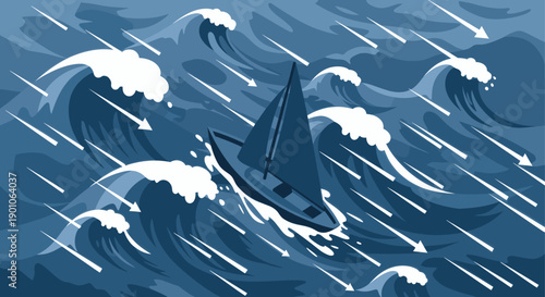 Illustration of a sailboat sailing in rough seas amidst crashing waves and driving rain. The image evokes a sense of struggle and determination. Ideal for travel, and adventure themes.