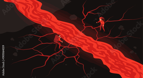 Illustration of two climbers navigating a dangerous ravine filled with flowing red lava. Use for adventure, challenge, or overcoming obstacles concepts.