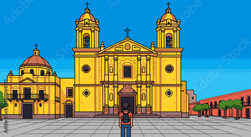 Majestic cathedral with towering facade in bright day with a visitor in foreground