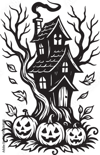Spooky Home: A bewitching illustration of a haunted house nestled within a gnarled tree, embraced by the festive cheer of grinning pumpkins and falling leaves.