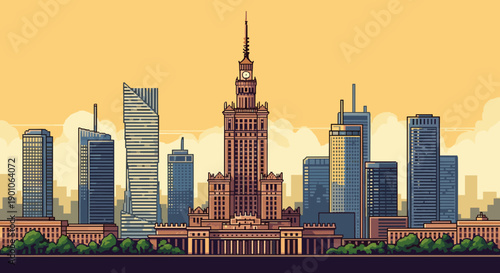 Pixel art cityscape with iconic skyscrapers and modern buildings