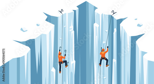 Vector illustration of two climbers scaling a tall, icy wall. Ideal for adventure, travel, or outdoor-themed designs. Symbolizes challenge, perseverance and teamwork.