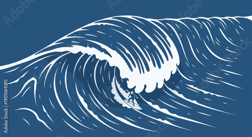 A stylized illustration of a surfer riding inside a large ocean wave barrel. Suitable for sports, travel, or nature related designs and advertising.