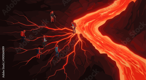Illustration of two climbers navigating a dangerous ravine filled with flowing red lava. Use for adventure, challenge, or overcoming obstacles concepts.