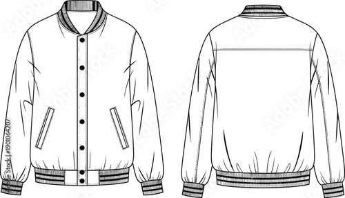 Technical sketch of a classic unisex varsity bomber jacket featuring snap button closure, ribbed collar, cuffs, and hem isolated on a white background.