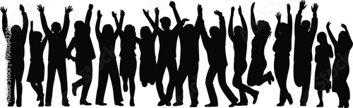 Group of happy people silhouettes jumping with raised hands, celebrating success, freedom, teamwork, festival energy, youth culture, unity, motivation, and positive social lifestyle concept