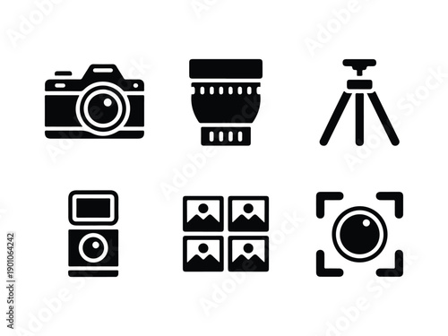 Collection of photography icons including camera lens tripod and more