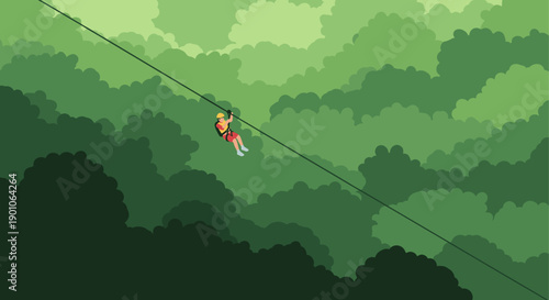 Illustrated image of a man ziplining through a green forest canopy. Great for travel, tourism, and adventure themes. Ideal for websites, brochures, and marketing materials.