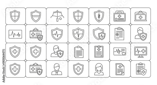 Medical and health insurance icons: shields, health symbols, and documents, isolated on white.