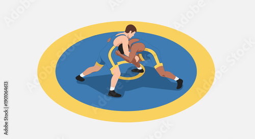 Vector graphic of two wrestlers engaged in competition on a blue and yellow mat. Suitable for sports articles, athletic publications, or fitness related content.