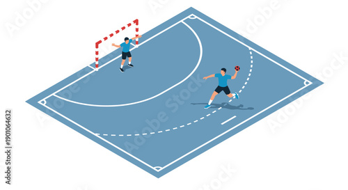 Isometric illustration of a handball court, featuring two players during game. Ideal for illustrating sports, recreation, or educational content.