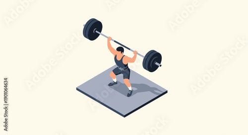 Isometric vector illustration of a weightlifter lifting a heavy barbell. Represents strength, fitness, determination, and training. Ideal for gyms, sports brands, or health-related content.