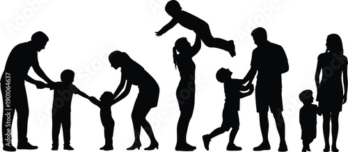 Happy family silhouettes with parents and children playing together, showing love, care, parenting, childhood growth, family bonding, teamwork, lifestyle, and togetherness concept on white background