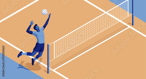 Isometric illustration of a volleyball player spiking the ball over the net. Perfect for sports websites, posters, and any activity-related graphic design.
