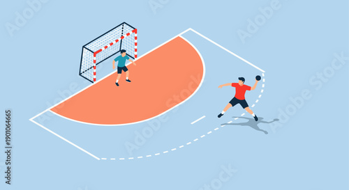 Isometric illustration of handball players on a court. One player is about to throw the ball at the goal. Use for sports content, teamwork, and competition.